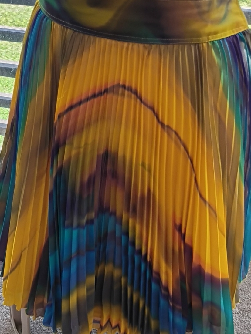 Pleated A-Line Midi Skirt in Yellow & Teal Made In France